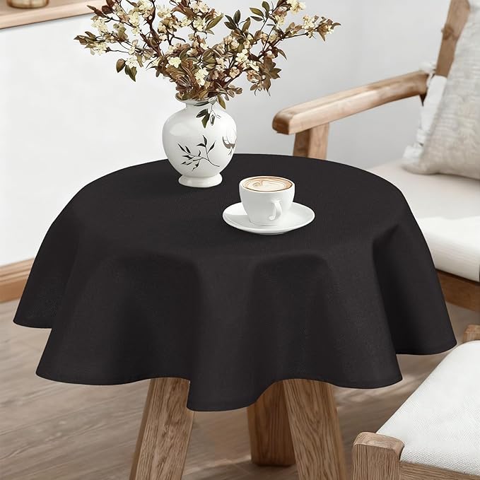 JIUZHEN Round Tablecloth Linen Textured Wrinkle Stain Resistant Farmhouse Table Cloth Decorative Fabric for Kitchen, Dining, Party, Wedding,Outdoor Use,40 Inch Round,Black