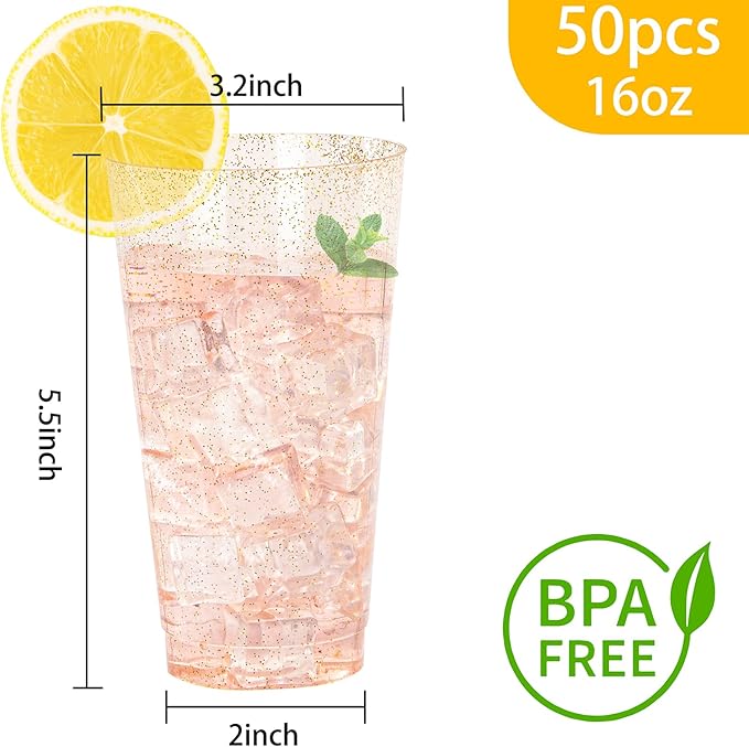 I00000 16 oz Gold Plastic Cups, 50 Pack Gold Glitter Plastic Cups Tumblers Disposable Party Cup Wedding Cup, Heavy-duty Plastic Disposable Glasses Ideal for Birthday, Wedding & Party