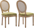 Vintage French Rattan Dining Chairs Set of 2, Round Back Accent Chairs with Rattan Backrest and Upholstered Linen Seat, Solid Frame Wood Sillas de Comedor for Dining Room & Kitchen, Olive Green