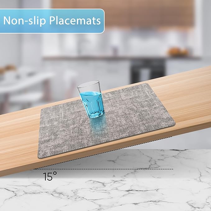 Placemats Set of 8 Washable, Heat Resistant Table Placemats Wipeable Faux Leather Place Mats Non Slip, Waterproof Square Table Mats for Indoor Outdoor, Light Grey