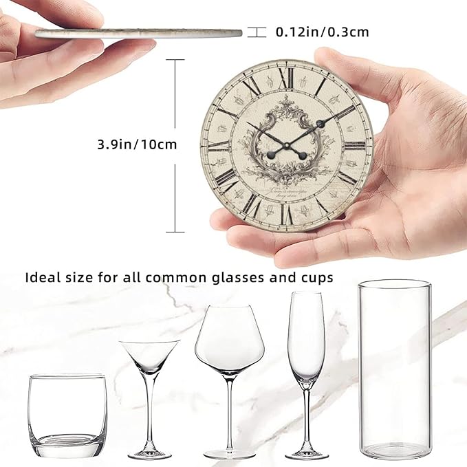 Clock Coasters for Drinks with Holder Round Leather Coasters Set of 6 Cups Mugs Mat Pad for Home Kitchen Bar