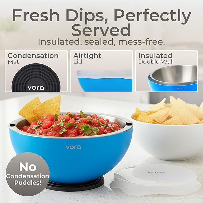Vora 35oz Dip Chiller Bowl with Lid | 2 Pack Blue Stainless Steel Chilled Serving Bowl Keep Dips, Salads, and Appetizers Perfectly Cold with Leak-Resistant Ice Bowl for Effortless Hosting