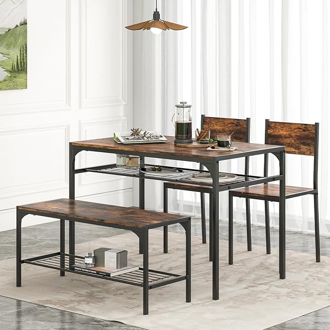 NAFORT Dining Table Set for 4, Kitchen Table with 2 Chairs and Bench, Rustic Wood Dining Set with Metal Storage Shelf, 4-Piece Space-Saving Dinette Sets for Kitchen&Dining Room, Apartment