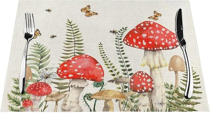 Spring Placemats 12x18 Inches Set of 4,Red Green Mushroom Leaves Decorative Rectangle Summer Seasonal Botanical Decoration Linen Table Mats for Party, Home Kitchen,Dining Table Decor