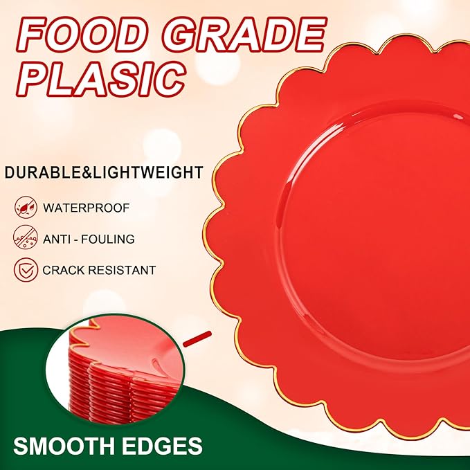SUT 72Pcs Red Plastic Plates-7.5inch Dessert Plates with Gold Trim, Red Disposable Plates,Fancy plastic plate, Heavy Duty Plastic Plate for Wedding & Parties
