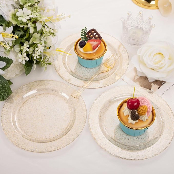 WELLIFE 60PCS Gold Glitter Dessert Plates and 60PCS Plastic Forks, 6.3 inch Disposable Dessert Plates for 60 Guests, Durable Gold Glitter Cake Plate, Perfect for Party