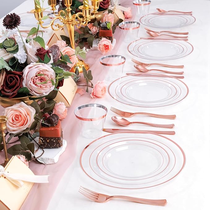 bUCLA 600PCS Clear Rose Gold Plastic Dinnerware Set Disposable - Include 100 Dinner Plates, 100 Dessert Plates, 100 Knives, 100 Forks, 100 Spoons, 100 Cups for Party, Wedding & Valentines Day