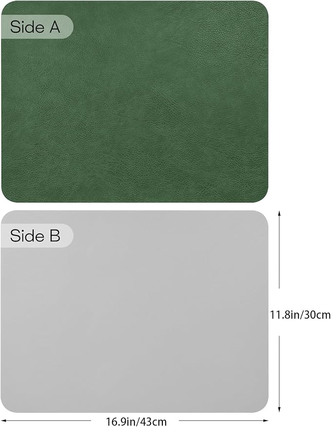 AAPLKER Faux Leather Placemats Set of 6, Vinyl Placemats Wipeable Waterproof Oil-Proof Table Mats, Heat Resistant Place Mats for Kitchen Indoor Outdoor, 16.9 x 11.8 inches (Green/Grey)