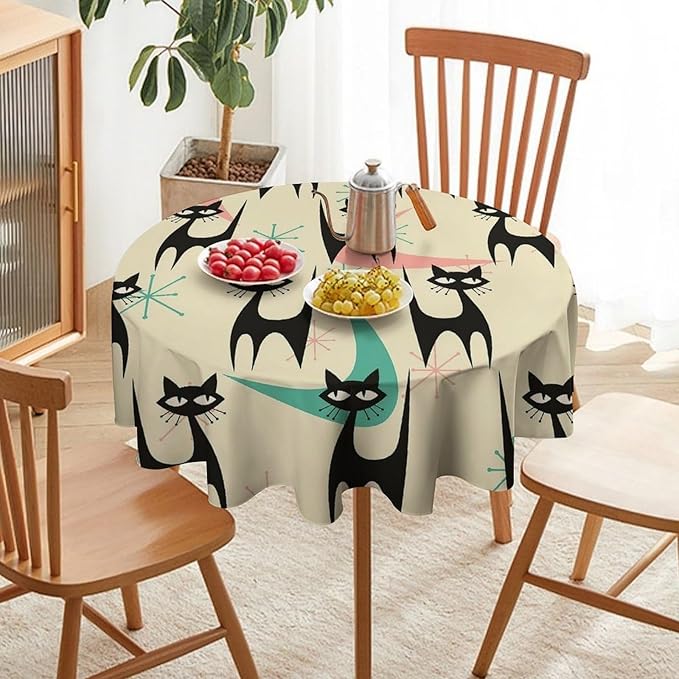 Mid Century Colorful Modern Cat Round Tablecloth, Medieval Bohemian Abstract Animal Tablecloth for Home Party Dining Room Kitchen Decor 50Inch(127cm)