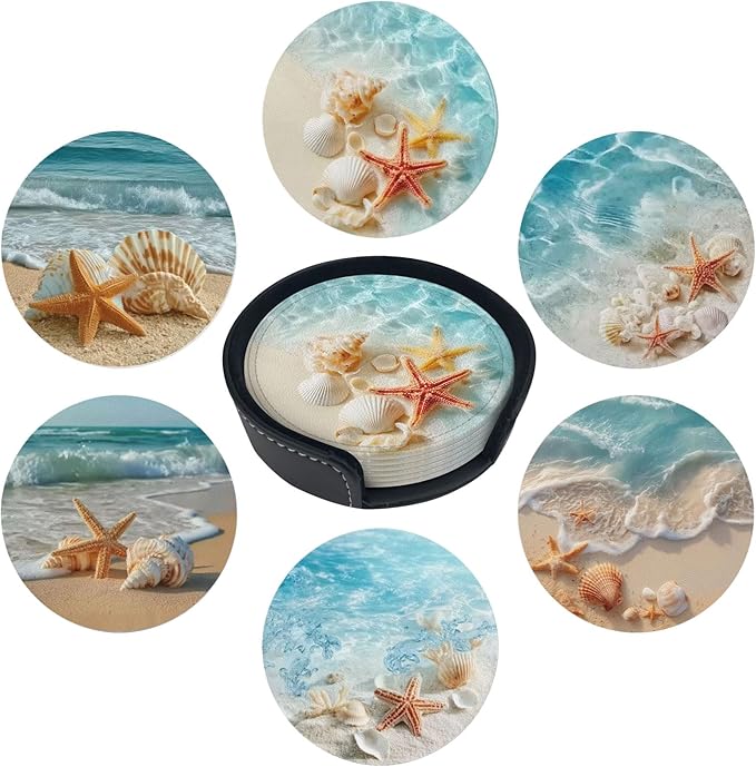 Beach Coasters for Drinks with Holder Round Leather Coasters Set of 6 Cups Mugs Mat Pad for Home Kitchen Bar