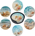 Beach Coasters for Drinks with Holder Round Leather Coasters Set of 6 Cups Mugs Mat Pad for Home Kitchen Bar