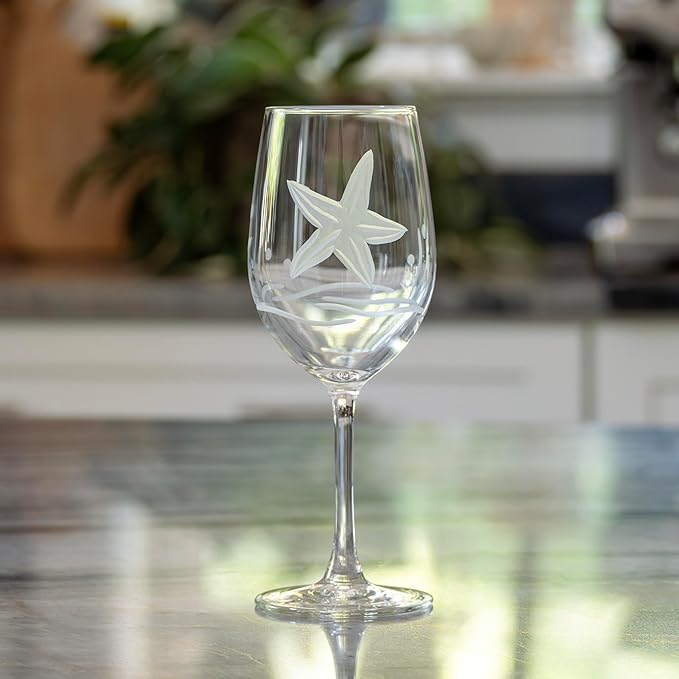 Rolf Glass Starfish White Wine Glass | 12oz Coastal glassware | Set of 2 | Engraved Lead-Free Wine Glasses | Made in the USA