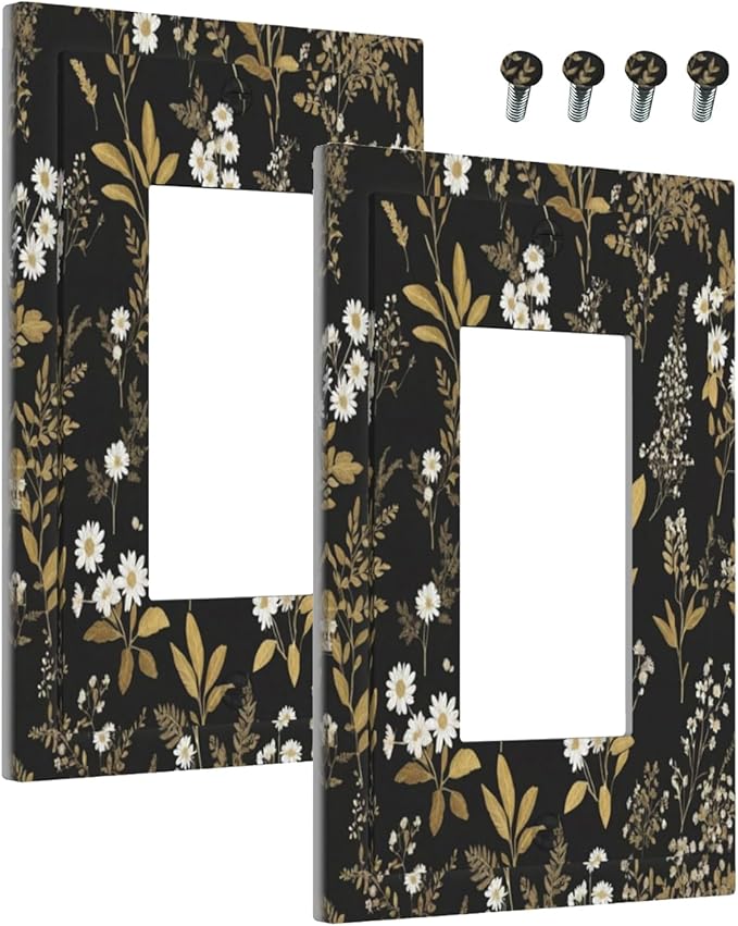Outlet Covers Black/Gold Boho Botanical Floral Rustic Flowers 1 Gang Wall Plate Single Rocker Light Switch Cover Decorative GFCI Receptacle Electrical Switchplate for Bathroom Kitchen（2 Pack）
