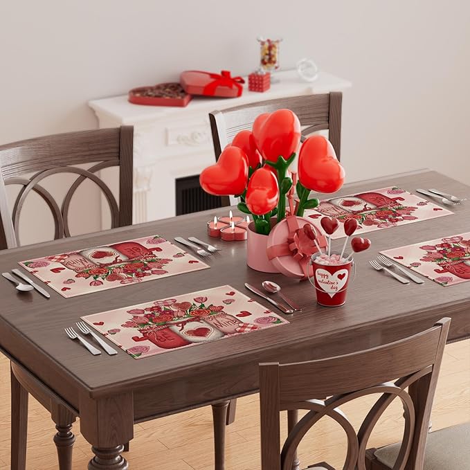 XCHI Roses Flowers Love Hearts Vase Valentine’s Day Placemats Set of 4 Table Mats for Party Home Kitchen Dining Table Decorations 12x18 Inch