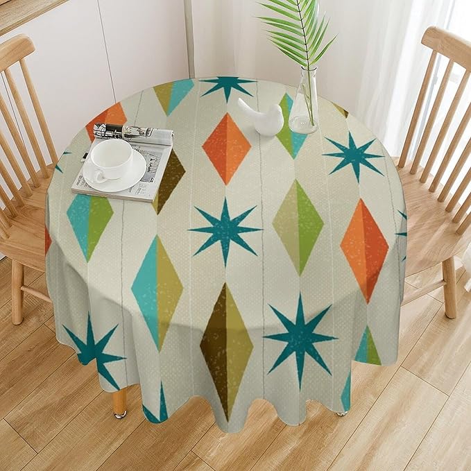 Mid Century Round Tablecloth, Modern Colorful Abstract Geometric Retro Art Printed Tablecloth for Home Party Dining Room Kitchen Decor 50Inch(127cm)
