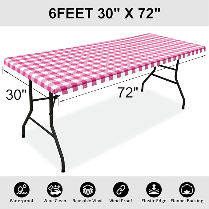 Smiry Rectangle Picnic Table Cloth, Elastic Waterproof Fitted Vinyl Tablecloths, Flannel Backed Buffalo Plaid Table Covers for Dining, Camping, Outdoor (Hot Pink and White, 30" x 72")