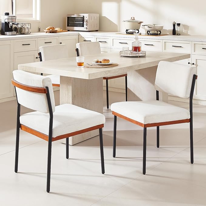 Modern Dining Chairs Set of 4, Kitchen Chairs with Thick Cushions and Adjustable Foot Pads, Upholstered Fabric Dining Room Chairs with Sturdy Metal Legs,White