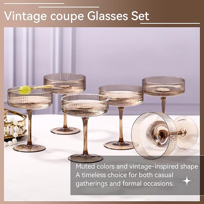 Smokey Sand coupe glasses Gray Vintage Art Deco Coupe Glasses Set of 6 Ribbed martini Cocktail Glasses Set