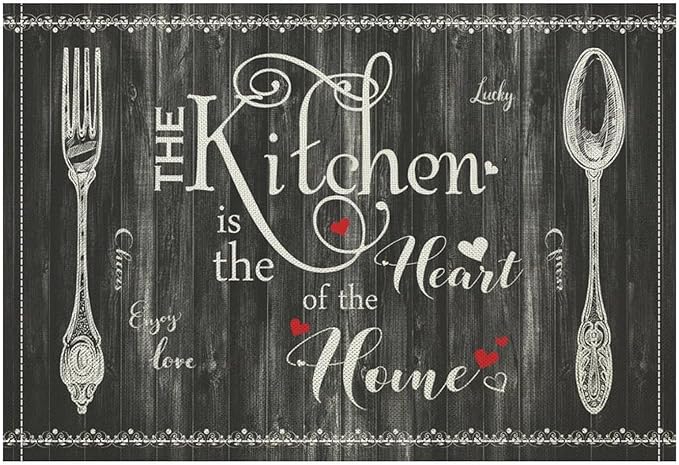 Vintage Farmhouse Placemat Set, Minimal Black White Rural Plank Art Sketch Cutlery Knife Fork Inspirational Quotes Pattern Home Decor Linen Table Mats for Dining Room Kitchen Party (17x12in) x6P