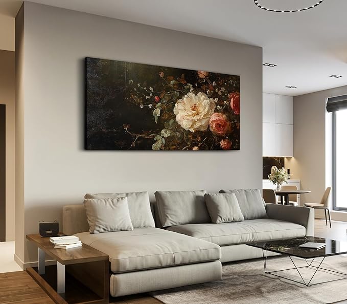 ADJUVANT Wall Art Vintage Peony And Rose Bouquet 48"L x 24"W, White Peony With Pink Roses Canvas Painting Elegant Floral Artwork Prints Botanic Wall Decor for Living Room Bedroom Dining Room Home Office
