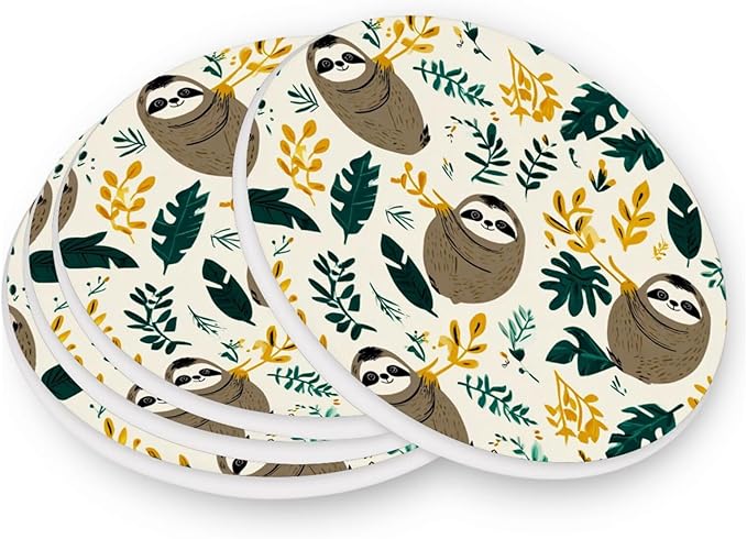 Coasters for Drinks Coaster Drink Set Decorative Coffee Table Desk Cup Mat Spring Cute Cork Bar Backing Round Home Decor Cute Sloths Leaves White16