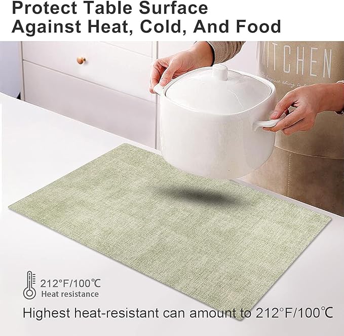 Leather Heat Resistant Placemats Set of 6 Waterproof Wipeable Washable PU Table Mats,Easy to Clean Anti-Slip Place Mats (Light Green, 6)