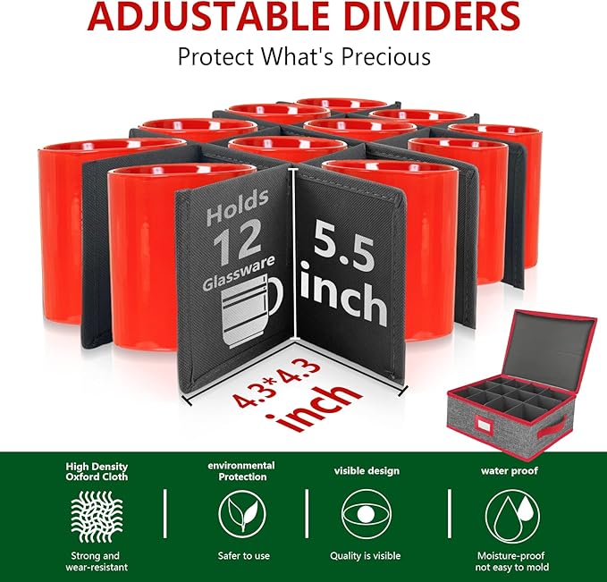 VERONLY Christmas Cup Mug Storage Box with Dividers, China Storage Case Hard Shell Stackable with Lid and Handles for 12 Coffee Mugs and Tea Cups (Grey and Red)