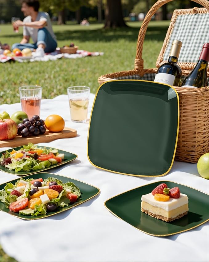 bUCLA 100PCS Green and Gold Plastic Plates - Heavy Duty Square Green Disposable - Include 50 Dinner & 50 Dessert Plates for Party & Christmas