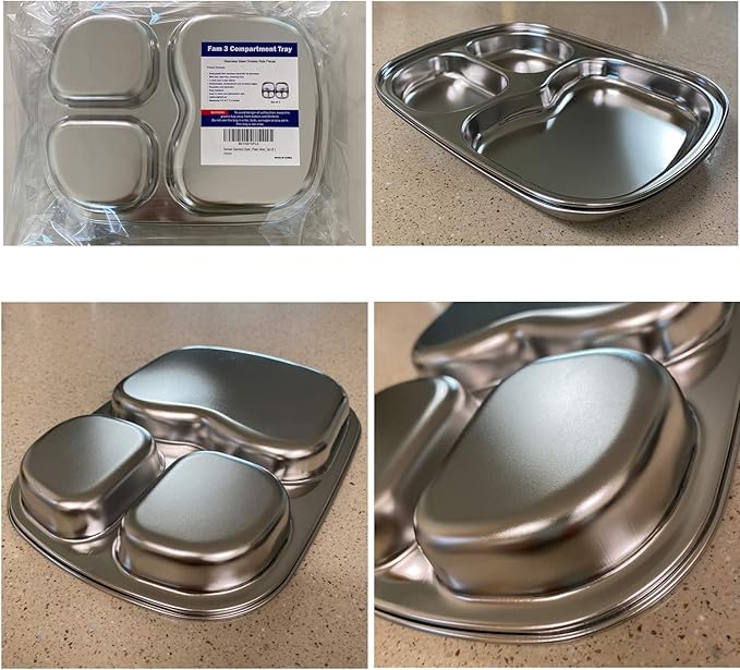 Korean Stainless Steel Divided Plates for Toddlers, Kids, Babies, Premium 304, Electro-Polished, No Black Residue, BPA-Free, 3-Compartment Plate, Food Tray for Camping, Balanced Meals, Set of 2