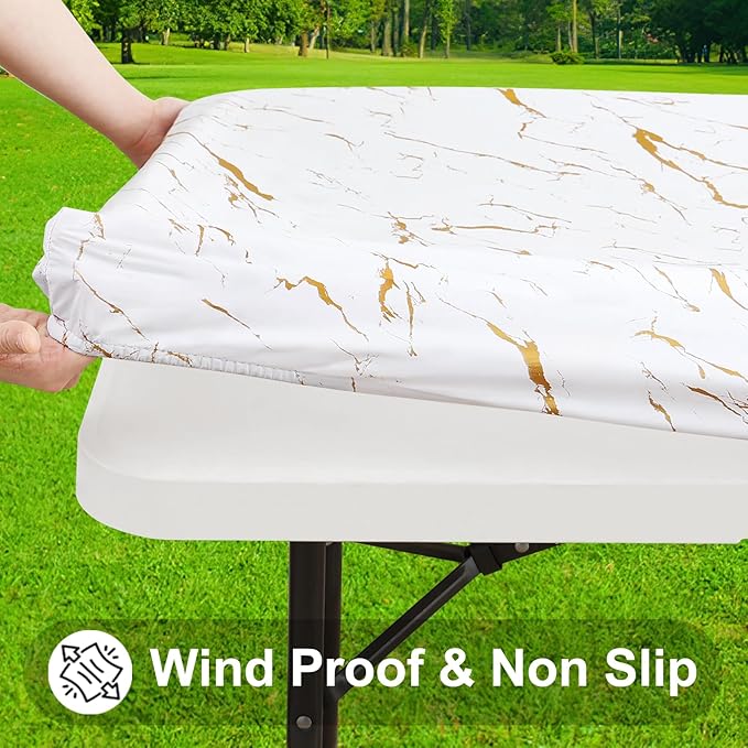 Smiry Rectangle Table Cloth Cover, Waterproof Elastic Fitted Picnic Tablecloth for 8 Foot Tables, Wipeable Flannel Backed Vinyl Tablecloths for Camping, Dining, Outdoor (White, 30" x 96")