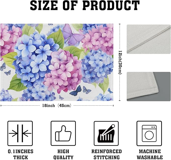Hydrangea Placemats Set of 4 - Floral Place Mats 12 x 18 Inch Pink Purple Hydrangea Flower Table Mats Spring Summer Butterflies Placemats for Dining Kitchen Party Farmhouse