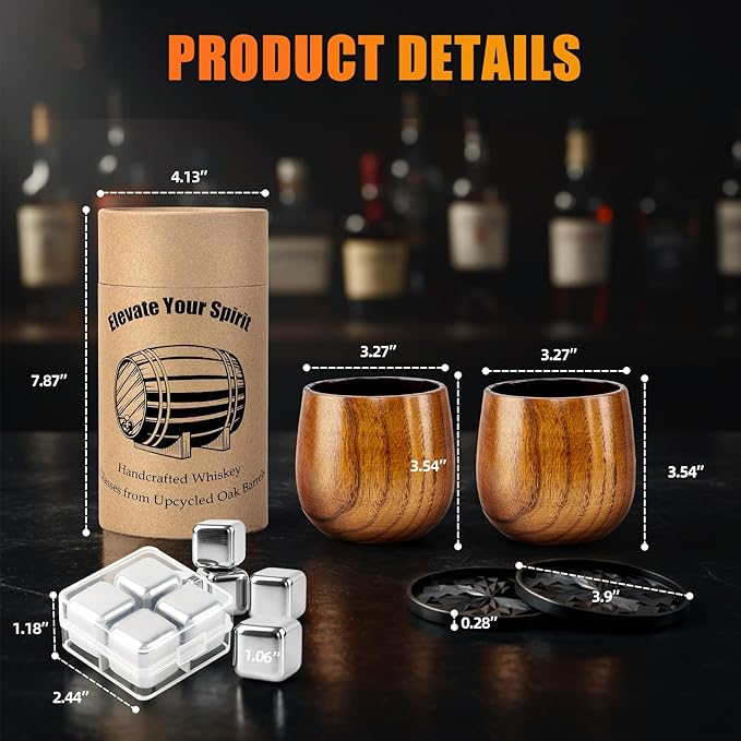 Luxury Wooden Whiskey Glass Gift Set for Men – 2 Handcrafted Carbonized Wood Tumblers with Reusable Metal Ice Cubes & Coasters, Premium Barware Gift Box for Bourbon Lovers for Dad