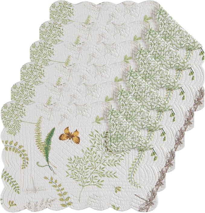 C&F Home 13" x 19" Althea Rectangular Scalloped Edge Cotton Quilted Placemats, Set of 6 Spring Springtime Butterfly Dragonfly Plants Fern Greenery Nature Tabletop Décor Decoration S/6 Rectangular