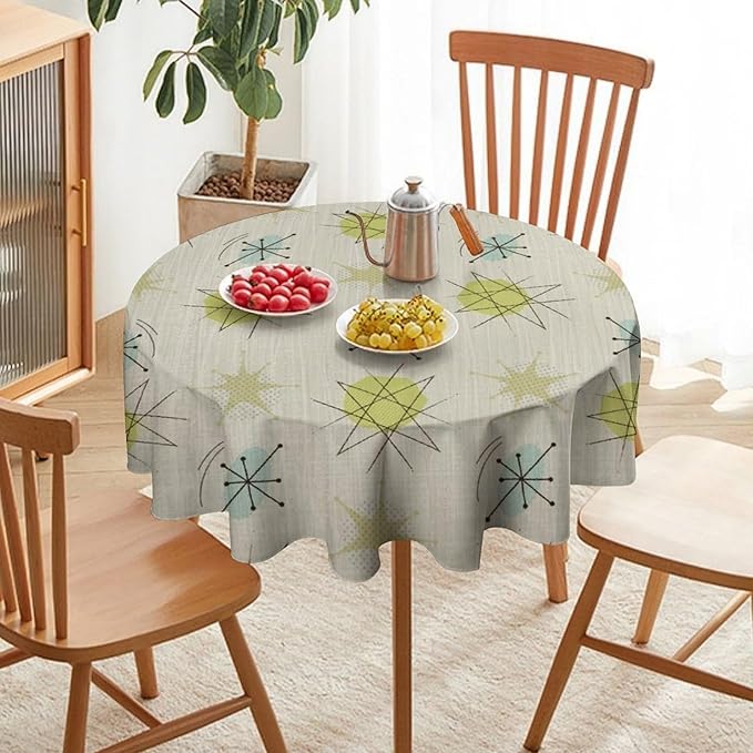 Mid Century Retro Round Tablecloth, Modern 1950s Style Abstract Geometric Vintage Print Tablecloth for Home Party Dining Room Kitchen Decor 70Inch(178cm)