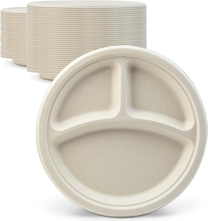 Green Earth, 10-Inch, 500-Count, 3-Compartment Compostable Plates, Natural Bamboo Fibers, Everyday Tableware - Biodegradable - Disposable Round Shape