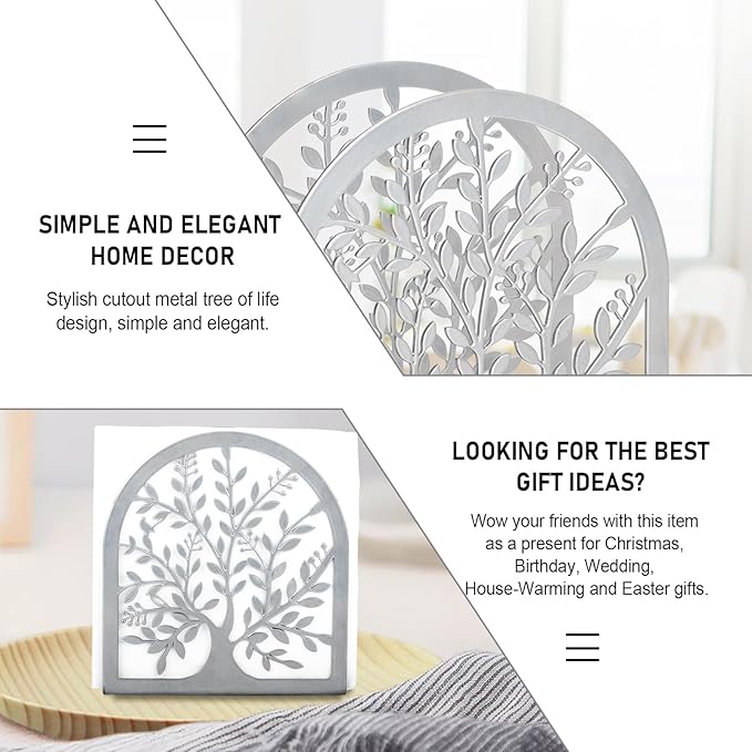 Napkin Holder for Tables, Tree of Life Design Modern Metal Napkin Holder for Home Kitchen & Picnic Party, Silver Grey