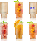 6 Pack Large 16Oz Ribbed Drinking Glasses Vintage Amber Set - Elegant ribbed glass cups, vintage drinking glasses for water, juice, cocktails, whiskey, iced coffee, smoothies – gift for home