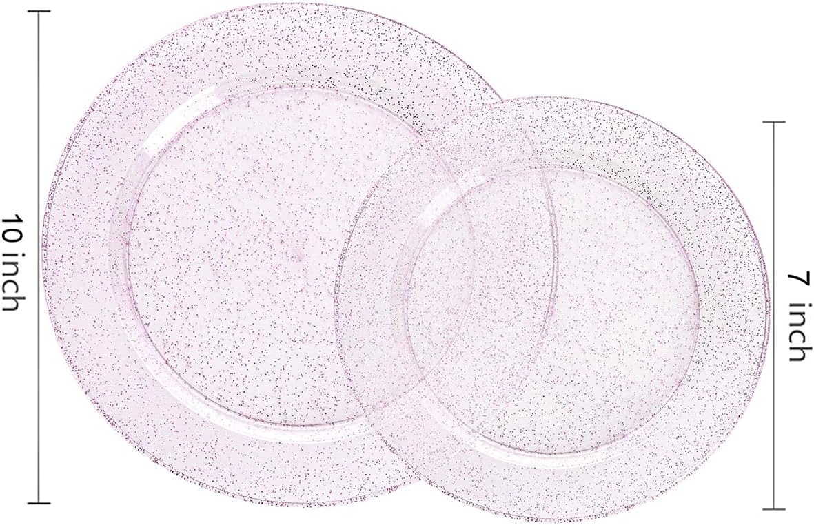 WDF 200PCS Pink Plastic Plates - Rose Gold Glitter Plastic Plates - Heavy Duty Pink Glitter Disposable Plates for Parties/Wedding/Valentine's Day