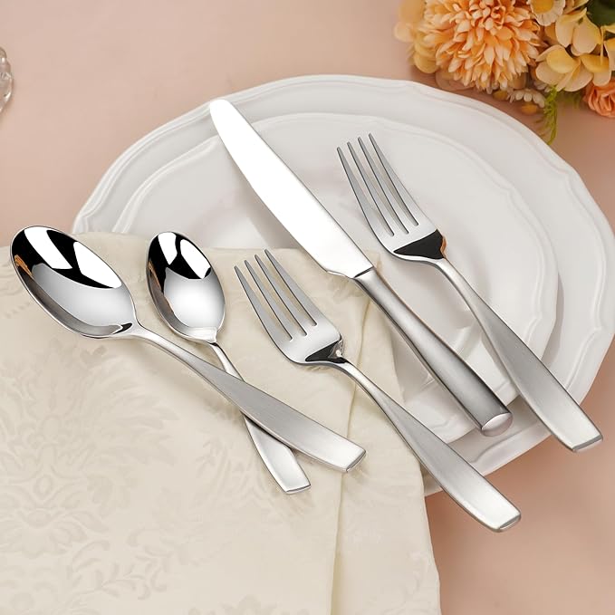 45-Piece 18/10 Stainless Steel Flatware Set for 8, Heavy Duty Silverware Set, Flatware Set with Serving Utensil, High End Flatware, Mirror and Matte Satin Silverware, Dishwasher Safe, Ideal for Gift