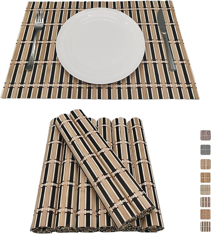 ANDSTAR Set of 8 Bamboo Slats Placemat Modern Placemats Natural Anti-Slip Bamboo Placemats Washable Heat-Resistant Table Mats for Kitchen Dinning Room Table Decor(Black)