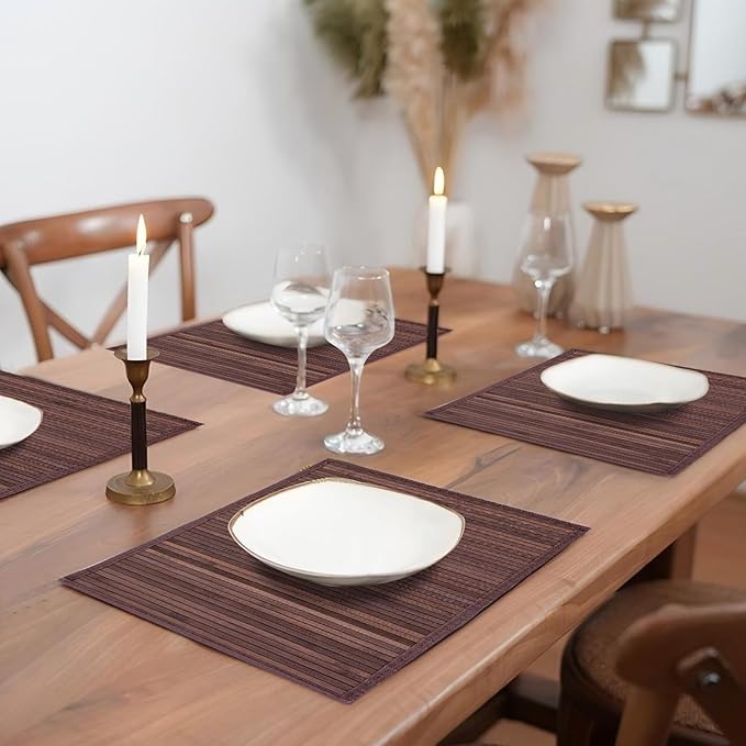 Bamboo Placemats with Fabric Border Set of 4 Natural Bamboo Rectangular Rolling Table Mats for Dining Kitchen Table Heat Resistant Table Protection Dark Brown