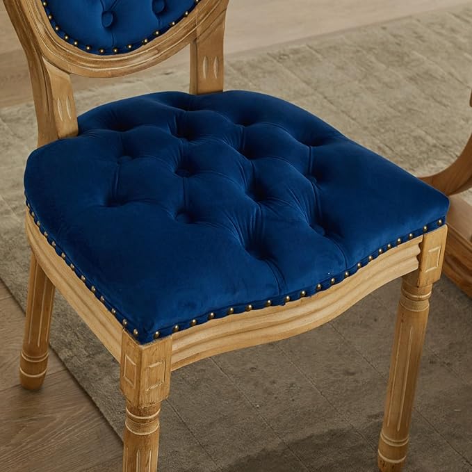 Ball & Cast French Vintage Upholstered Dining Chairs Set of 2, Button Tufted Kitchen Side-Chairs with Carved Antique Wood Frame & Nailhead Trims, 2-Piece Curved Backrest Louis Chair, Velvet Blue