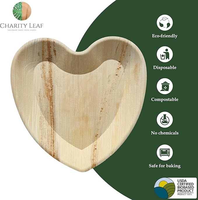 Charity Leaf Disposable Palm Leaf 12" Heart Plates (50 pieces) Bamboo Like Serving Platters, Disposable Boards, Eco-Friendly Dinnerware For Valentines, Weddings, Catering, Events