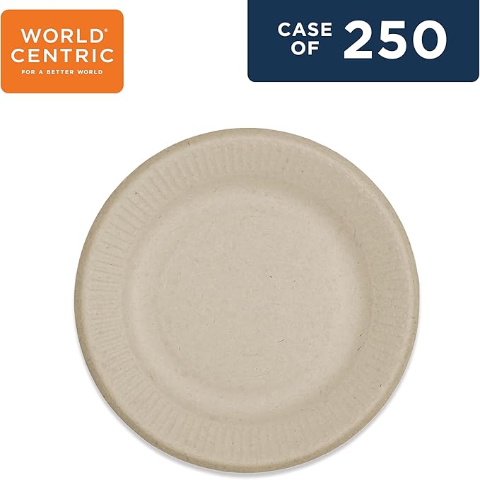 World Centric Compostable Plates 6" - Unbleached Plant Fiber. Grease Resistant - 250 Pack