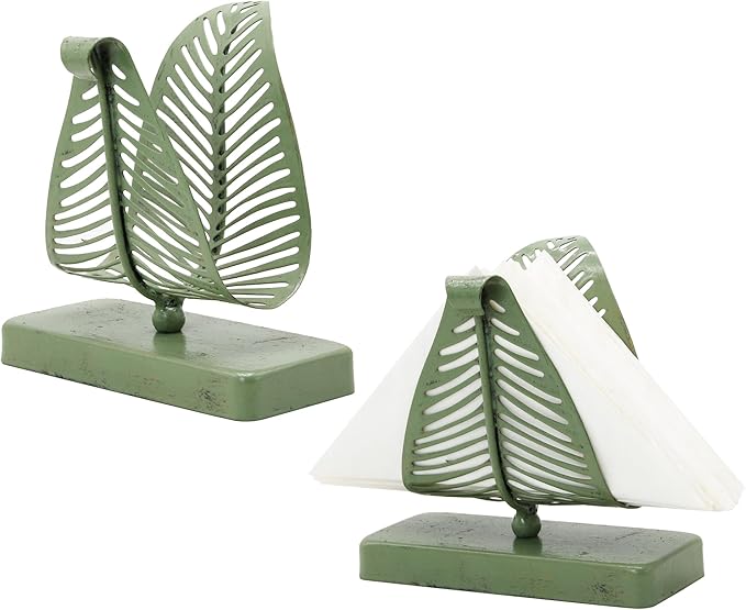 Owlgift Rustic Green Leaf Napkin Holder Set of 2 – Decorative Iron Tissue Organizer for Kitchen, Dining Table, or Entryway – Vintage Country Style Metal Letter Holder Rack