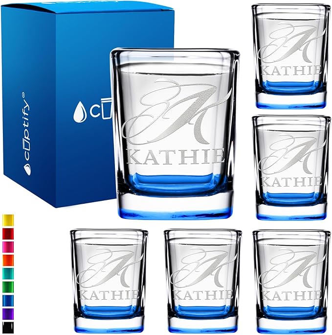 Personalized Shot Glasses Set of 6 Initial and Name 2oz Blue Bottom Etched Square Shot Glass Engraved with Custom Text Birthday Gift for Men and Women
