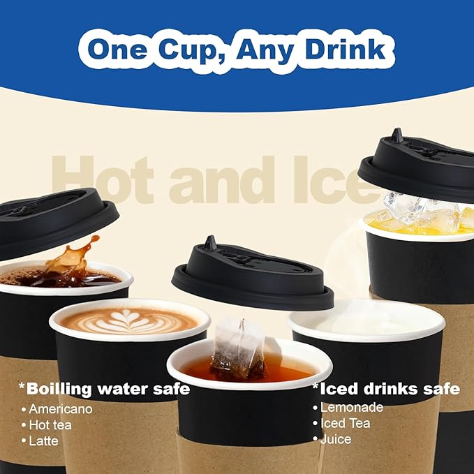 16 oz 100 Pack Coffee Cups with Lids and Sleeves, Straws, Hot Disposable To Go Travel Paper Cups Bulk for Office, Home Coffee Bar Accessories, Chocolate, Cocoa, Beverage (Black)