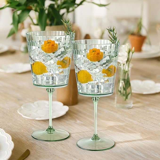 12 PCS Green Plastic Wine Glasses with Removable Stems 13.5 Oz Ribbed Wine Glasses Square White Wine Glass Muted Pastel Colors Goblets Elegant Fluted Glassware for Wedding Anniversary Birthday
