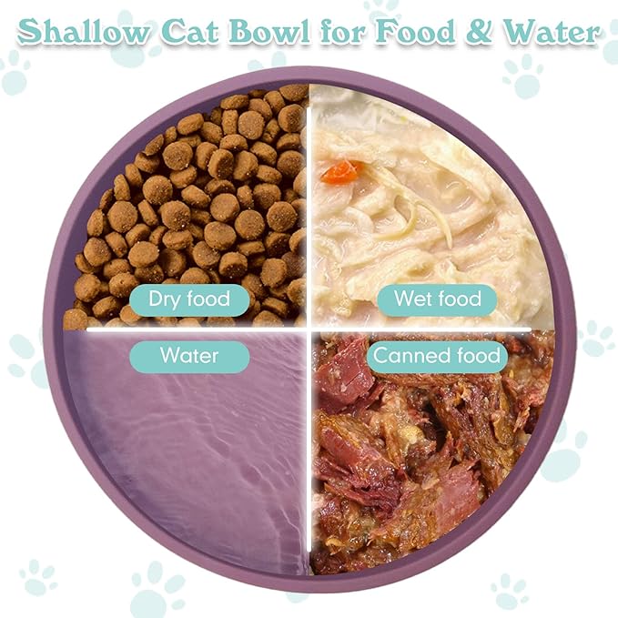 Silicone Dog Bowl Shallow Cat Food Bowls 7in Flat Puppy Plates Cute Whisker Fatigue Pet Feeding Dishes Set of 2 for Dry and Wet Food Indoor (Round Purple)