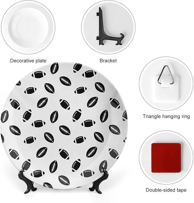 Ceramic Display Plate, American Football Ceramic Hanging Decorative Plate, Monochrome Pattern Black Rugby Balls Sports, 7 Inch, Living Room Kitchen Decoration Household, Black White